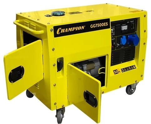 Генератор  CHAMPION GG7500ES (5,5/6кВт 16лс 15л 12В 126кг, эл.стартер,счетчик,колеса,кожух), CHAMPION,