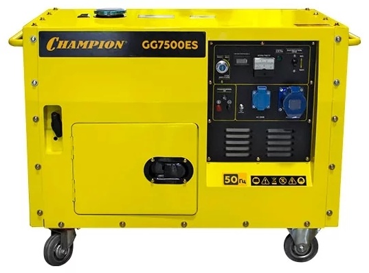Генератор  CHAMPION GG7500ES (5,5/6кВт 16лс 15л 12В 126кг, эл.стартер,счетчик,колеса,кожух), CHAMPION,