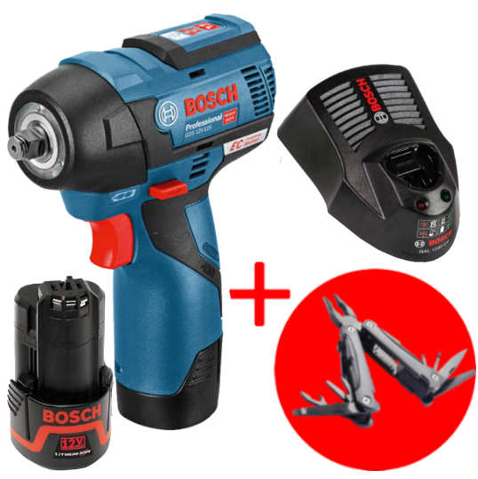 Гайковерт BOSCH GDS 12V-115 + 2 аккумулятора GBA 12V 2.5Ah + Swiss Peak Multitool