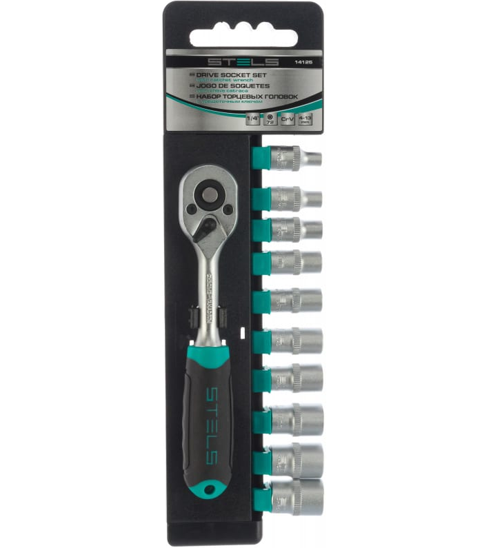 Набор торцевых головок, 1/4", 4-13мм, с трещоточным ключом, CrV, 11шт STELS 14125
