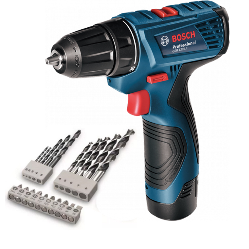 Шуруповерт аккумуляторный Bosch GSR 120-LI Professional + набор сверел + набор бит