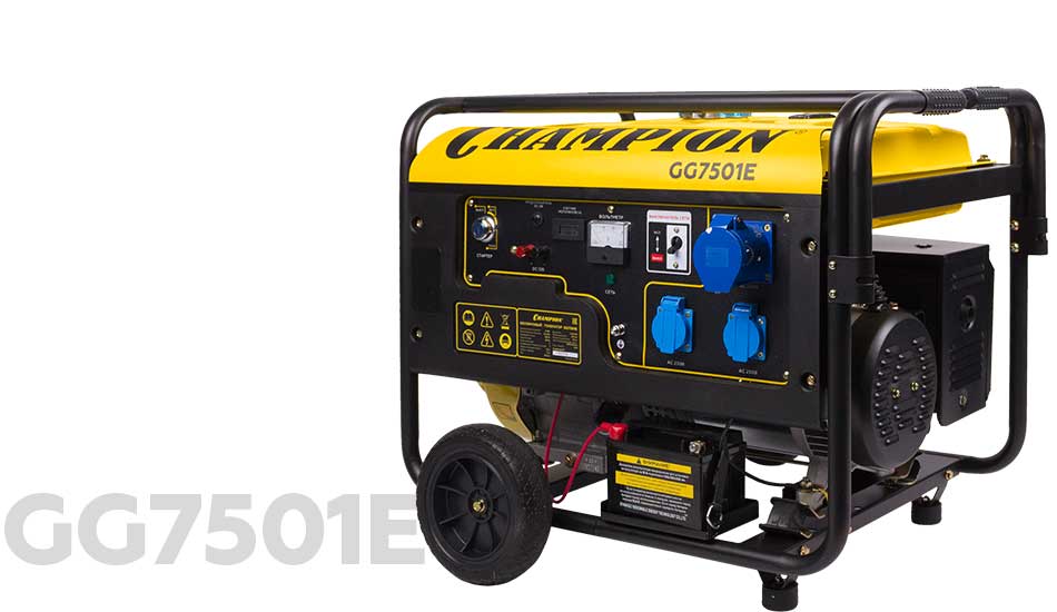 Генератор CHAMPION GG7501E (6/6,5кВт OHV 15лс 25л 12В 83,3кг,эл.стартер,счетчик,колеса)